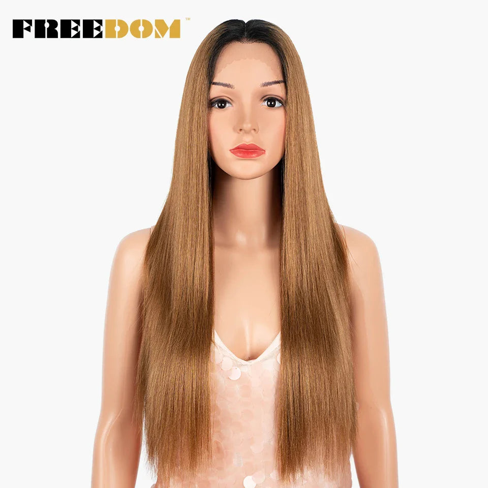 FREEDOM Synthetic Lace Front Wig For Black Women Long Straight Middle Part Wig High Temperature Red Blonde Ginger Cosplay Wigs