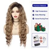 GNIMEGIL Synthetic Long Wave Wig for Woman Natural Brown Wig with Clip Free Part Side Bangs 80s Curly Wigs for Women Ombre Wig