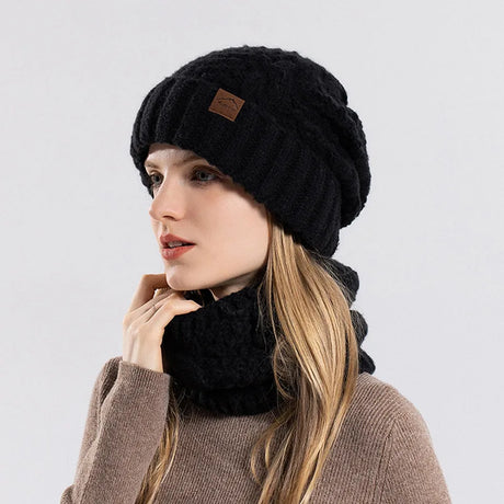 Women Fashion Winter Knitted Hat Scarf Set Fleece Lined Neck Warm Skullies Beanies Female Outdoor Thick Windproof Snow Ski Cap