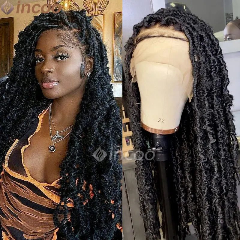 40 Inch Butterfly Locs Full Lace Braided Wigs Curly Ends Square Part Knotless Braided Wig Synthetic Braid Wig For Black Women