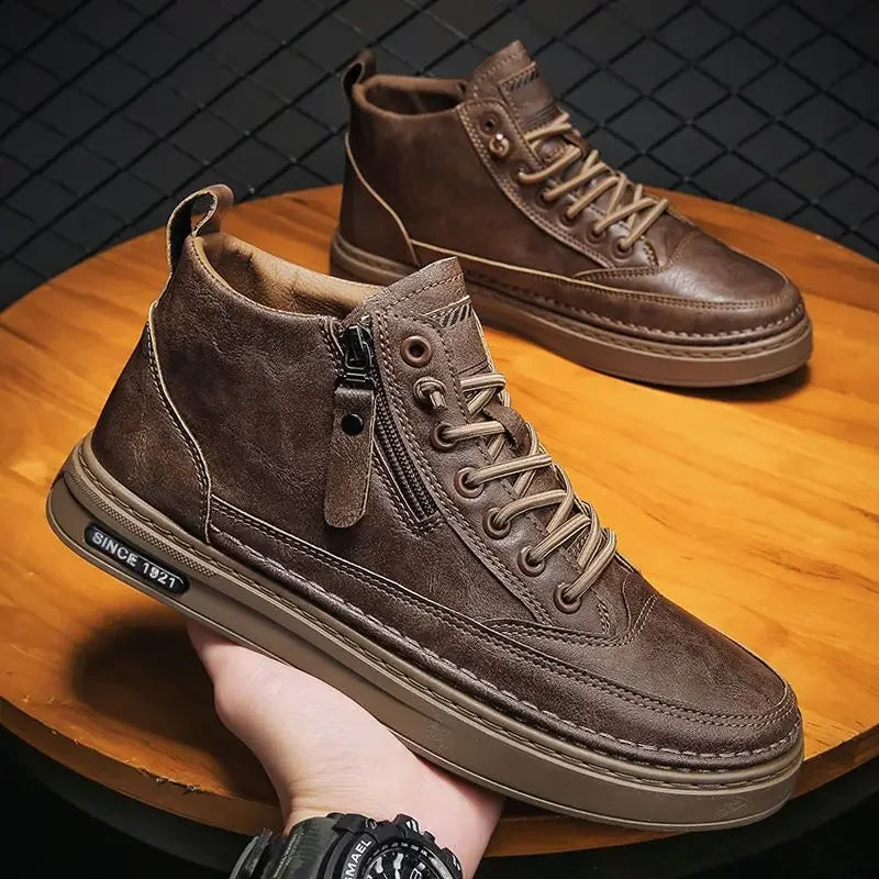 Leather Men's shoes 2023 Winter Platform Warm Fur Ankle Short Lace Up Fashion Novelty Concise Casual Work Shoes Botas