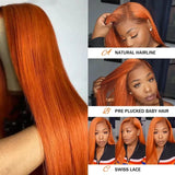 Sleek Ginger Orange 13x5 Brazilan Straight Lace Frontal Human Hair Wigs HD Lace Transparent Wig Natural Remy Glueless Lace Hair