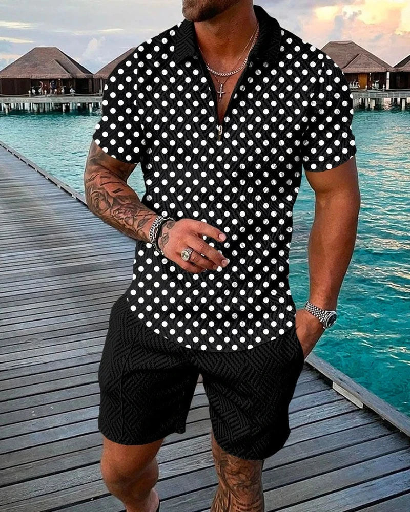 Boho Geometric Style 3D Print Men Polo shirts Set Zipper Lapel Polo Sets Zipper Collar+Shorts 2pcs Hawaii Holiday Man Clothes