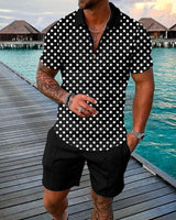 Boho Geometric Style 3D Print Men Polo shirts Set Zipper Lapel Polo Sets Zipper Collar+Shorts 2pcs Hawaii Holiday Man Clothes