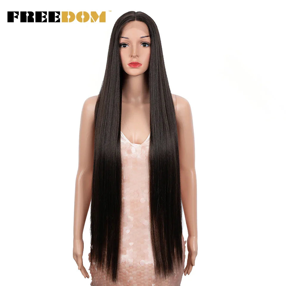 FREEDOM Synthetic Lace Front Wigs For Women Super Long 38Inch Ombre Blonde Highlight Ginger Straight Lace Wigs Cosplay Wigs