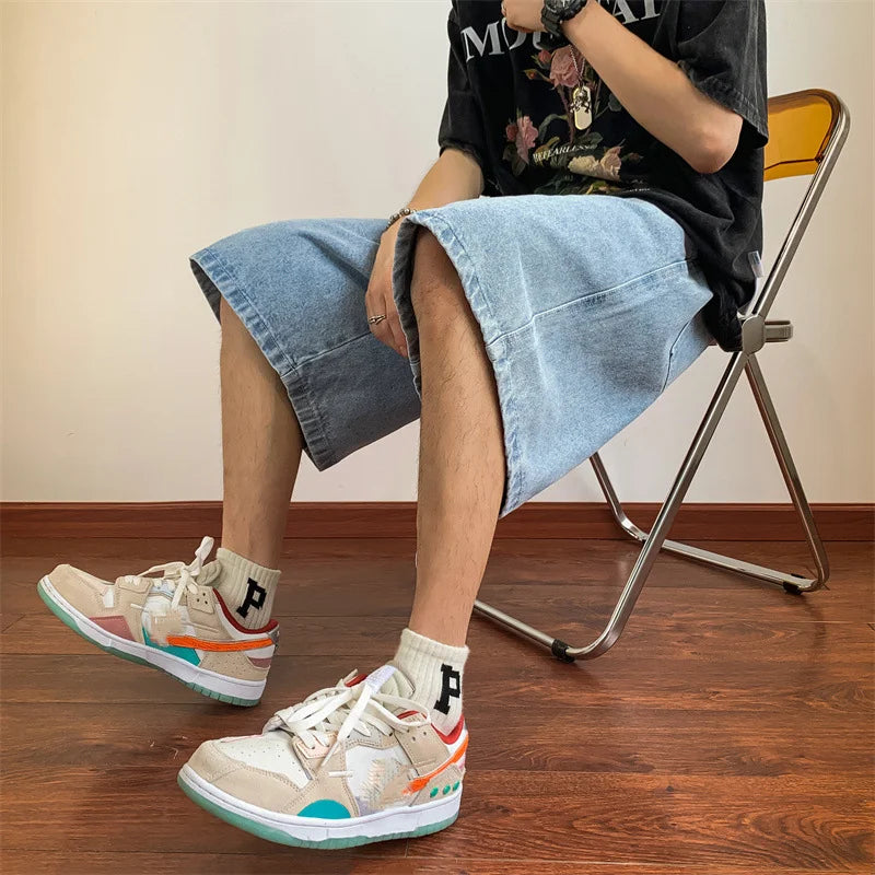 Summer Denim Shorts for Men Korean Harajuku Retro All-Match Baggy Straight Bottoms Wide-Leg High Street Five-Point Jeans Pants