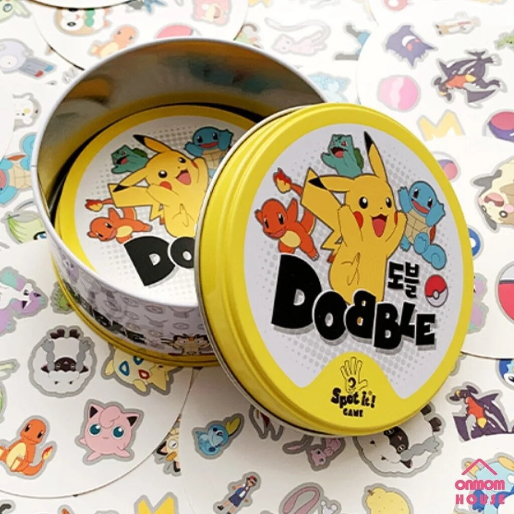 Pokemon Dobble Cards Pikachu Spot It Game Toy with Metal Box Family Board Game Red Sports Animals Holidays Camping Kids Gifts