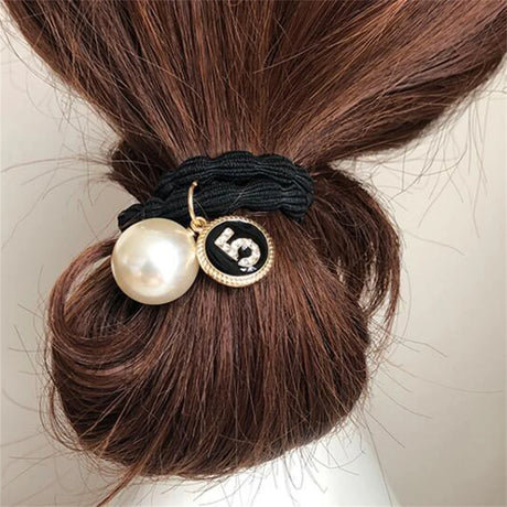 Elegant Faux Pearl Hair Ties High Elastic Seamless Black Scrunchies With Heart Diamond Women Girls Ponytail Holders Scrunchies