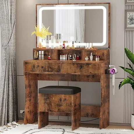 LIKIMIO Vanity Desk with LED Lighted Mirror & Power Outlet & 4 Drawers, Dressing Makeup Table Set with Storage Stool and Hair Dr