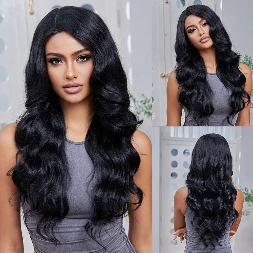 ELEMENT Elegant Part Front Lace Synthetic Wig Short Medium Straight Wavy Black Hair Wigs for Women Ladies Daily Party Natural