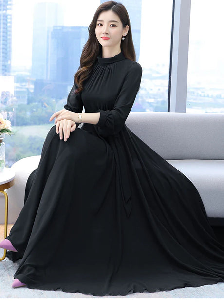 Plus Size Spring Autumn Women Maxi Dresses Female Vintage Full Sleeve Solid Casual Chiffon Dress Woman Bohemian Long Dresses