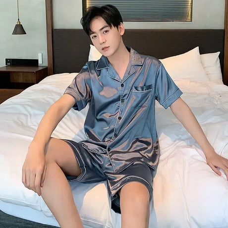 Satin Sleepwear Clothes Solid Ice Color Sleeve 2pcs Short Men Thin Sets Summer Silk Pajama Home Male Casual Suit Shirt+shorts