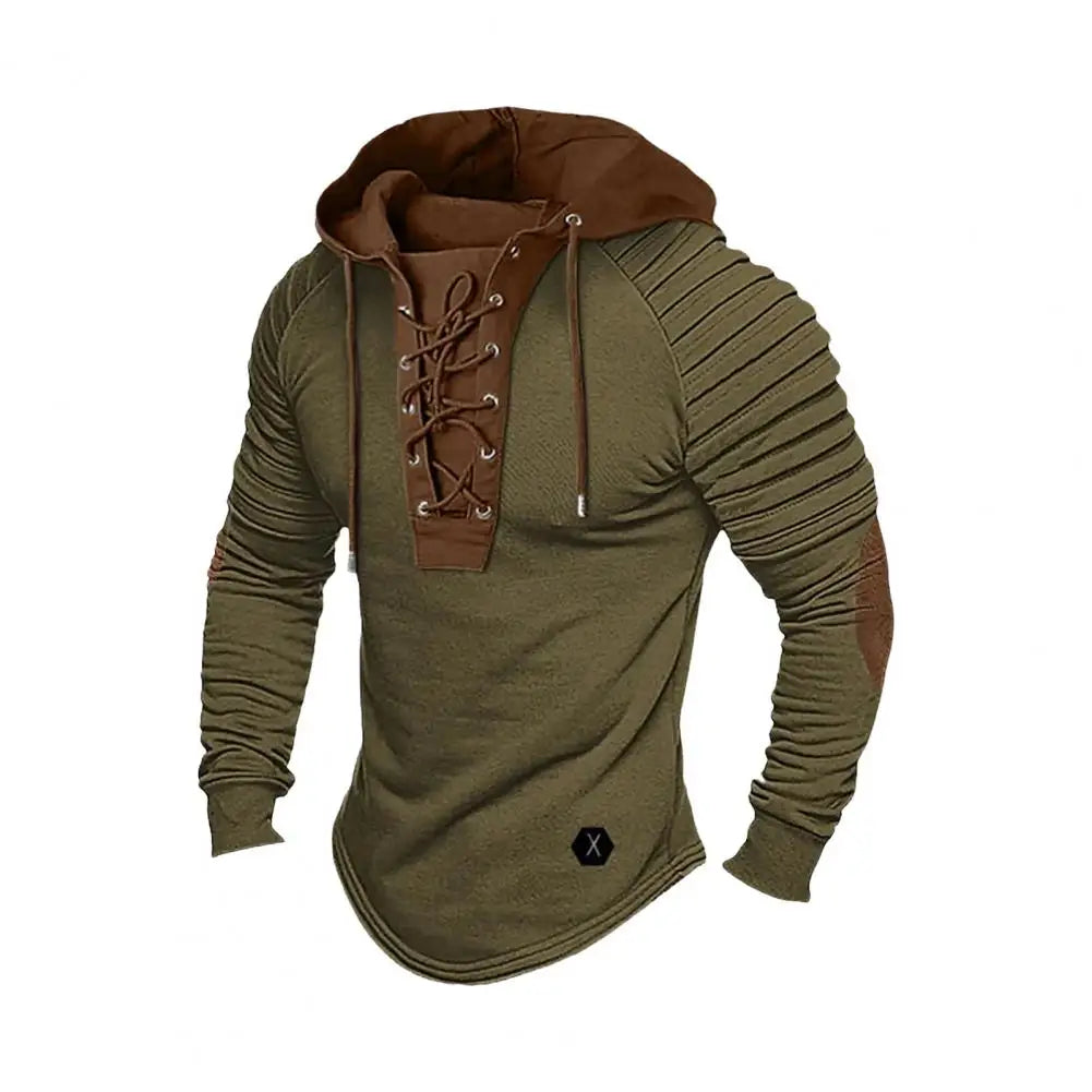 Men Hooded Sweatshirt Vintage Lace-up Drawstring Men's Hoodie with Pleated Shoulders Soft Stretchy Breathable Daily Top Tie