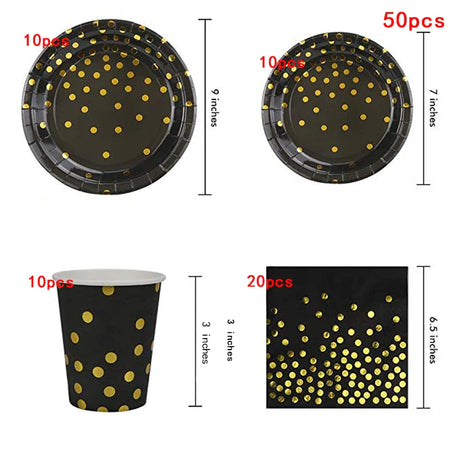 Black and Gold Party Supplies Polka Dot Plate Disposable Party Dinnerware Golden Spoon Fork Cup Tablecloth for Graduation