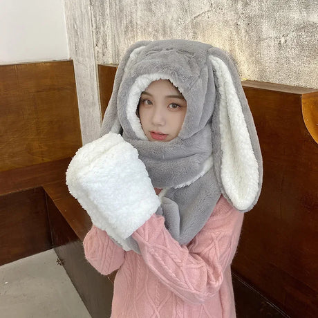 Fashion Scarf Hat Glove 3 Piece Women Plush Cute Big Ear Thicken Bunny Winter Warm Soft Thickening Pocket Hats Hooded Rabbit