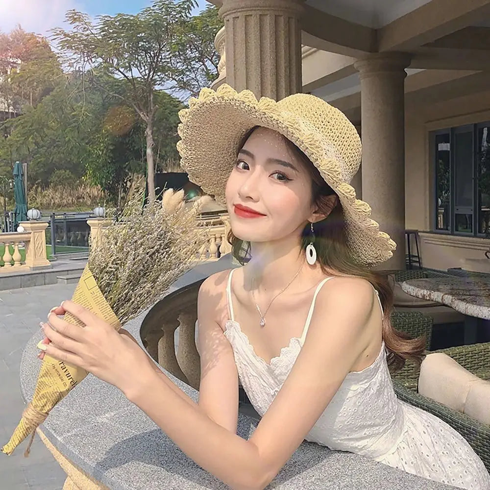 Big Lace Bow Straw Hat Foldable Wide Brim UV Protection Cover Hat Korean Version Summer Hats Travel