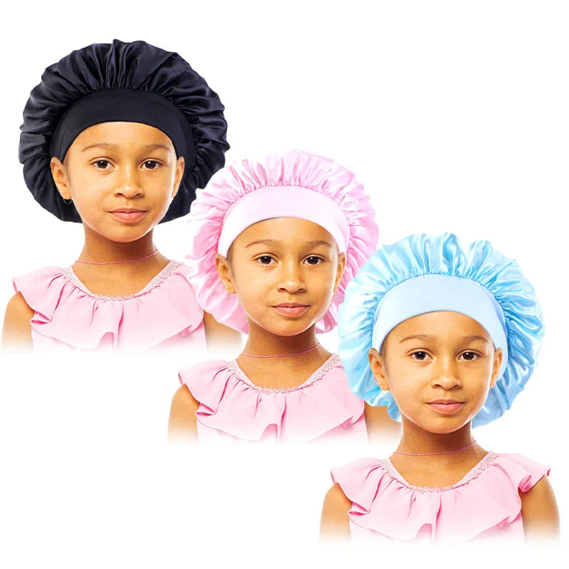 3PCS/LOT Children Elastic Sleepcap Kids Simple Solid Color Satin Bonnets Cute Nightcap Beauty And Hair Care Cap Shower Hat