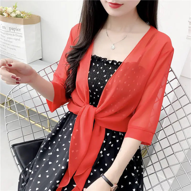 Korean Solid Chiffon Transparent Sunscreen Shawl Female Summer Air Conditioned Blouse Cardigan Neck Guard Cloak Silk Scarf R13