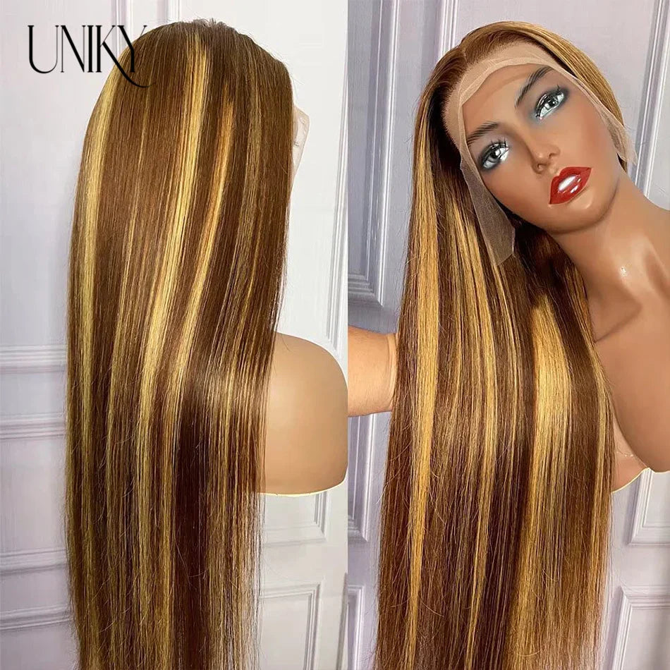 HD Highlight Wig Human Hair Brazilian Glueless Wig Honey Blonde Colored Human Hair Wigs for Women Ombre Straight Lace Front Wig