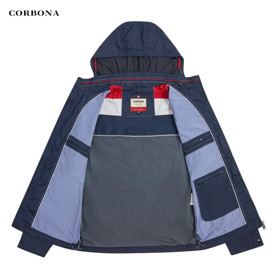 CORBONA 2024 New Men Lightweight Jacket Spring Summer Windproof Coat Trip Fashion Casual Outdoor Longsleeve Detachablehat Parka