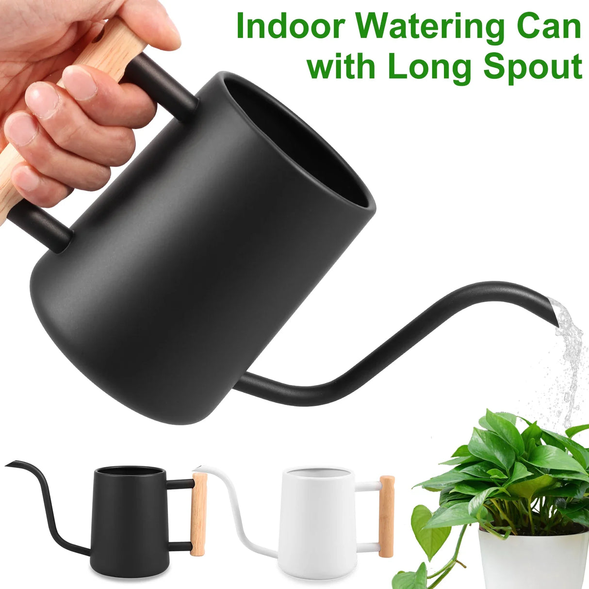 1L Watering Can with Wooden Handle Stainless Steel Watering Pot with Long Spout Watering Jug for Garden Houseplant Potted Plants