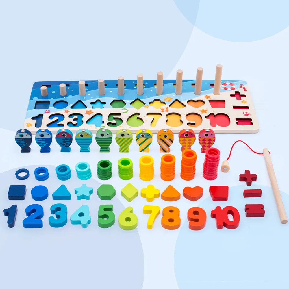 Kids Montessori Math Toys For Toddlers Educational Wooden Puzzle Fishing Toys Number Shape Matching Sorter Games Board Toy Gift