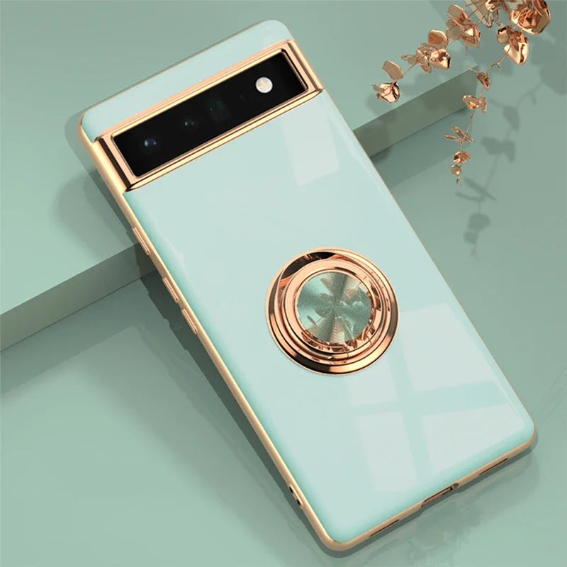 Luxury Plating Silicone Shockproof Phone Case For Google Pixel 8 8A 7 Pro 7A 6A Metal Ring Magnetic Holder Stand Soft Back Cover