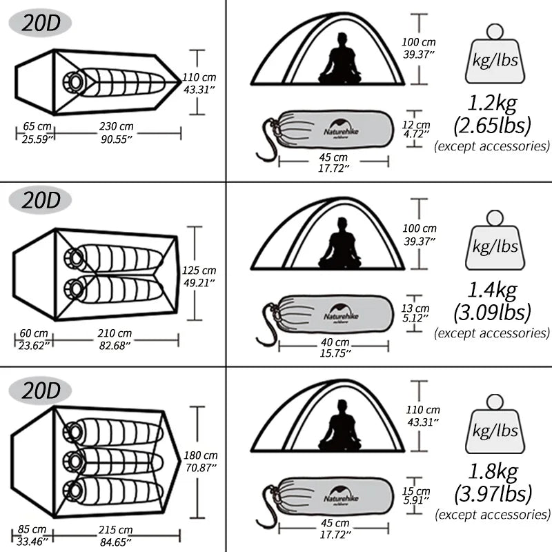 Naturehike Upgraded Cloud Up 2 Ultralight Tent Free Standing 20D Fabric Camping Tents For 2 Person With free Mat NH17T001-T