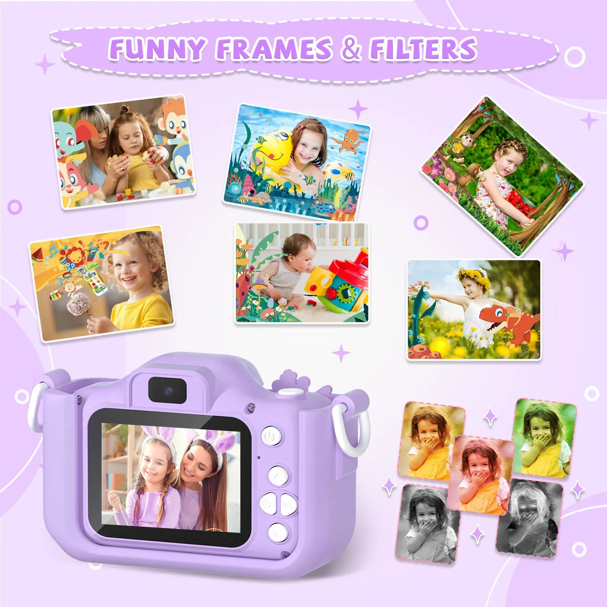 Kids Camera Toys Purple Unicorn for Girls Boys Gift Children Digital Camera 1080P HD 2inch Screen With 32GB SD Card Game Player