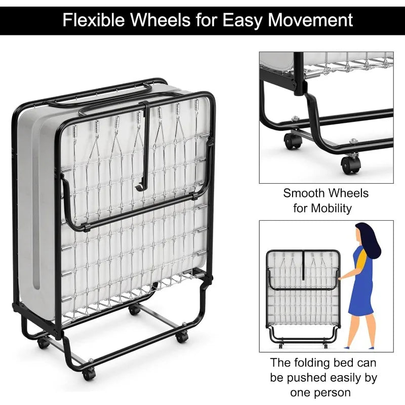 Fold up Bed with Memory Foam Mattress & Metal Frame on Wheels, Foldable Portable Guest Bed for Easy Storage