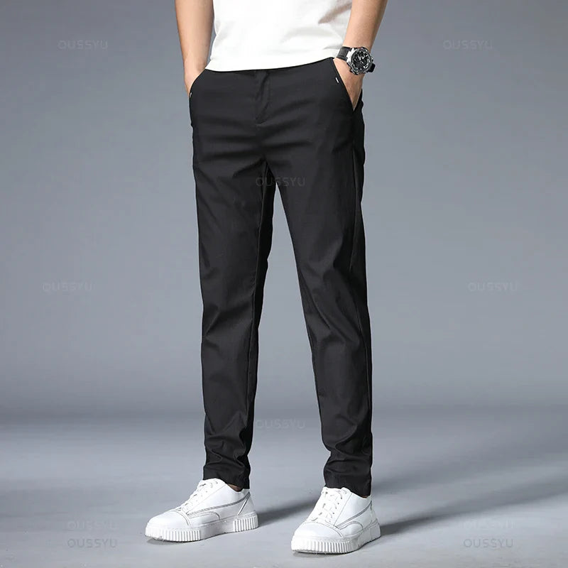 Spring Summer Casual Pants Men Thin Stretch Slim Fit Elastic Waist Business Classic Korean Trousers Male Khaki Gray 38