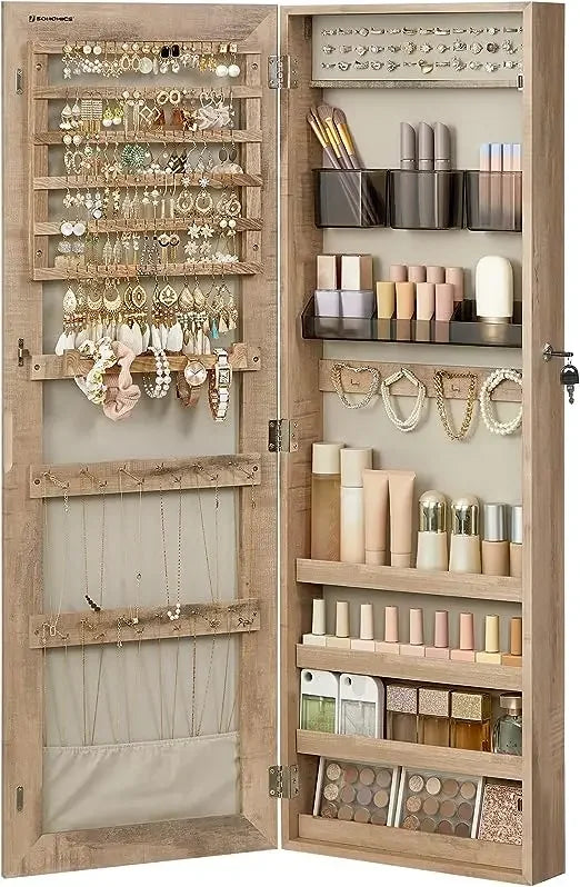 SONGMICS Mirror Jewelry Cabinet Armoire, Wall or Door Mounted Jewelry Storage Organizer, Hanging Lockable Frameless Mirror Cabin