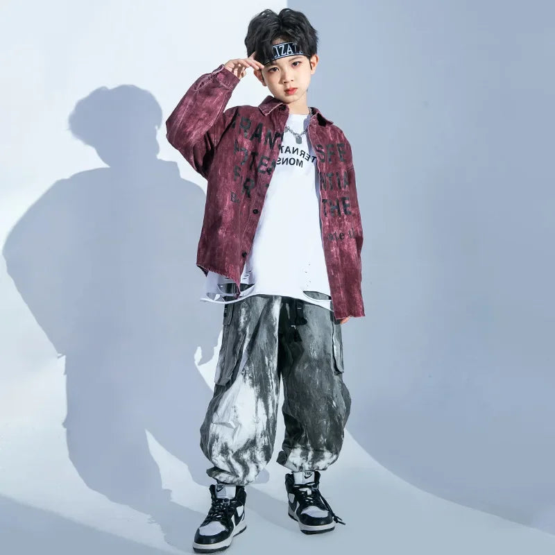 Letters Print Shirt Top Casual Street Tie Dye Jogger Cargo Pants for Girls Boys Jazz Dance Costume Clothes Kid Hip Hop Clothing