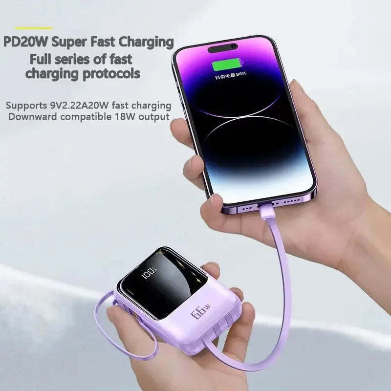 50000mAh Mobile Power Supply With Built-In Cable 66W Super Fast Charging Power Bank Waterproof Portable Mobile Phone Accessories