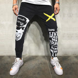 Men's Print Ripped Stretch Denim Black Skinny Jeans Fashion Y2K Streetwear Fancy Color Letters Painted Tapered Pencil Pants