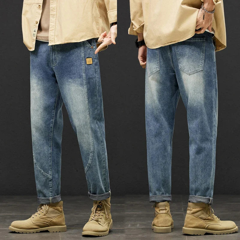 Retro Blue Jeans Harem Pants Loose Fit Casual Male Denim Trousers Streetwear Vintage Jeans Man Patched 2023 Summer New