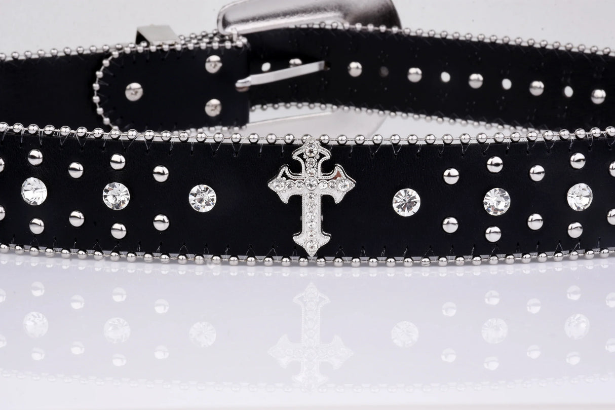 Black Cross Rivet Belt Engraved Buckle Rhinestone Decor PU Belt Hip Hop Jeans Pants Belt Punk Western Cowboy Cowgirl Belts 246