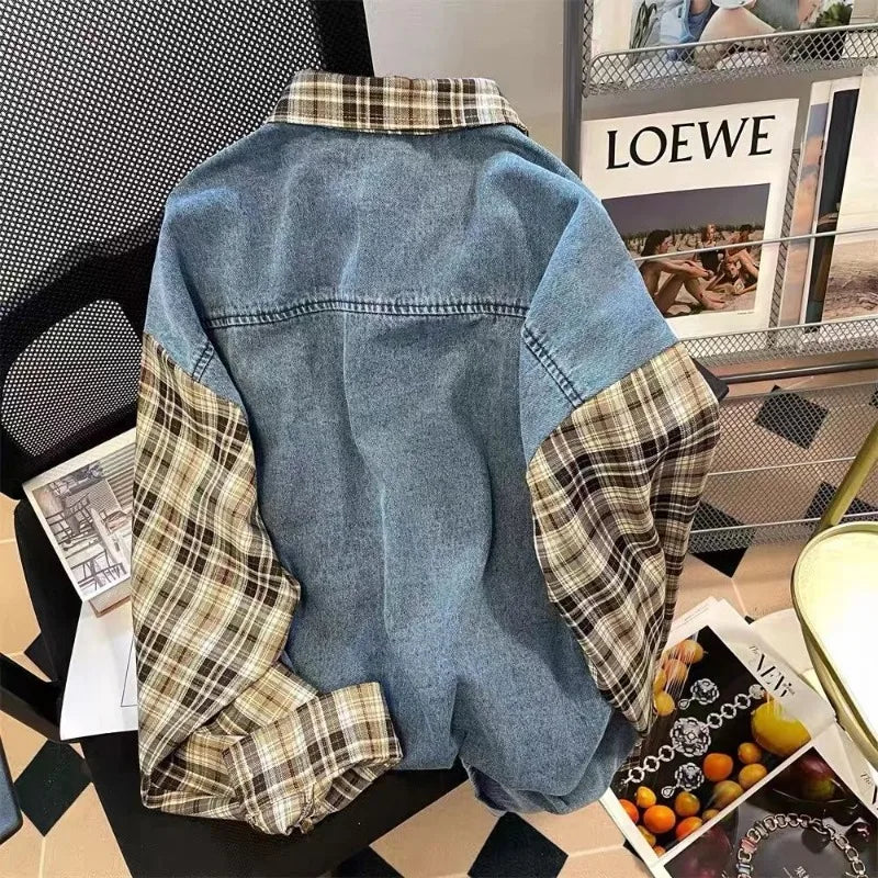 Men's Plaid Stitching Denim Shirt Women's Autumn New Loose Casual Long-sleeved Shirts Jacket Retro Single-breasted Pocket Tops