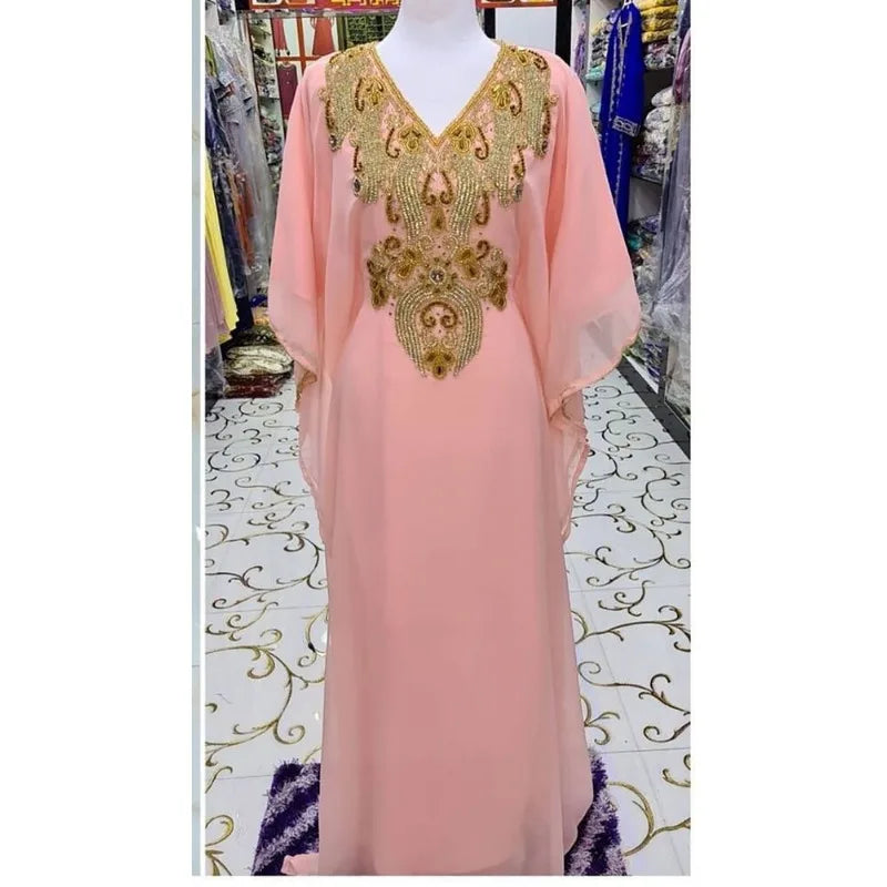 V-neck Kaftan Moroccan Dubai Caftan Abaya Fancy Long Crystal Beading Dress