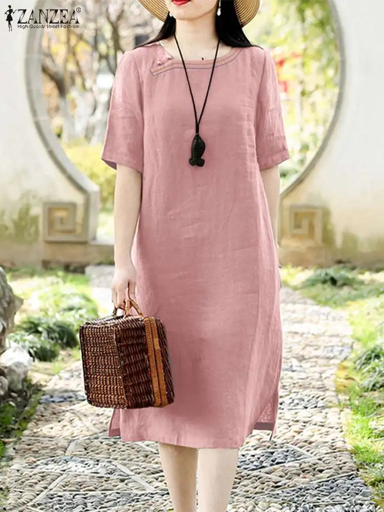 ZANZEA Woman Dress Summer Fashion Cotton Sundress Female Short Sleeve O-Neck Solid Color Robe Female Elegant Holiday Midi Robe