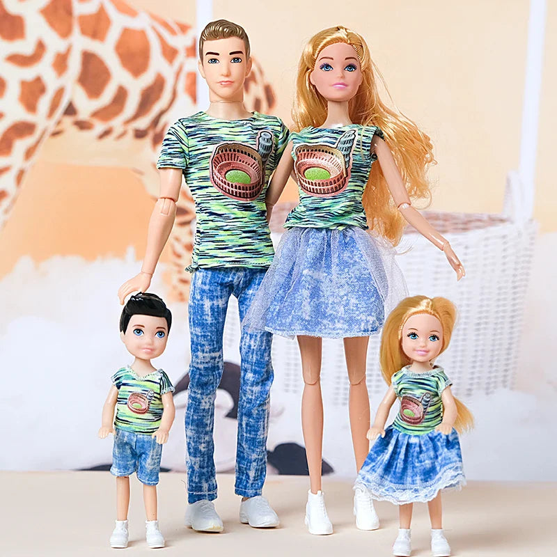 30cm Family Doll Movable Body Mom Dad Ken and Kids 4 Dolls Set 1/6 Barbies Doll Toy for Child Kids Education Birthday Gift