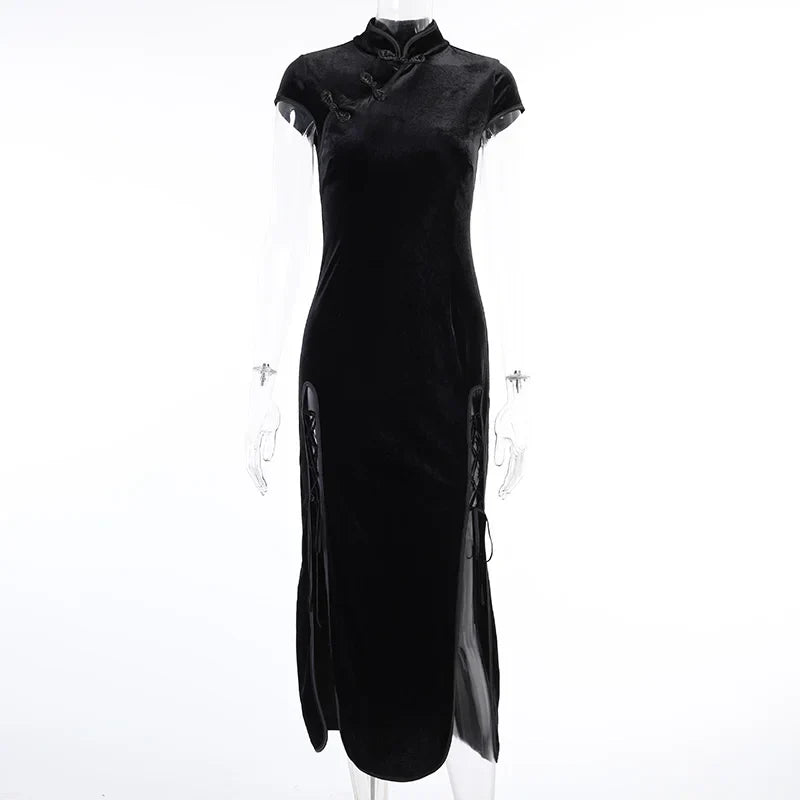 Goth Dark Romantic Gothic Velvet Aesthetic Dresses Vintage Women Black Bandage SlitHem Bodycon Dress Sexy Evening Wear Cheongsam