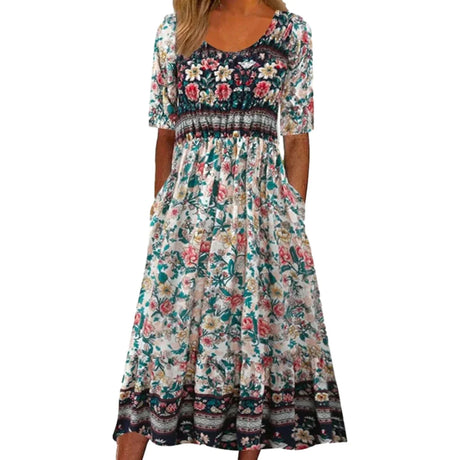 2023 Vintage Boho Stripe Print Women Sundress Summer Fashion V-Neck Short Sleeve Dress Elegant Ladies Midi Dress Femme Vestidos