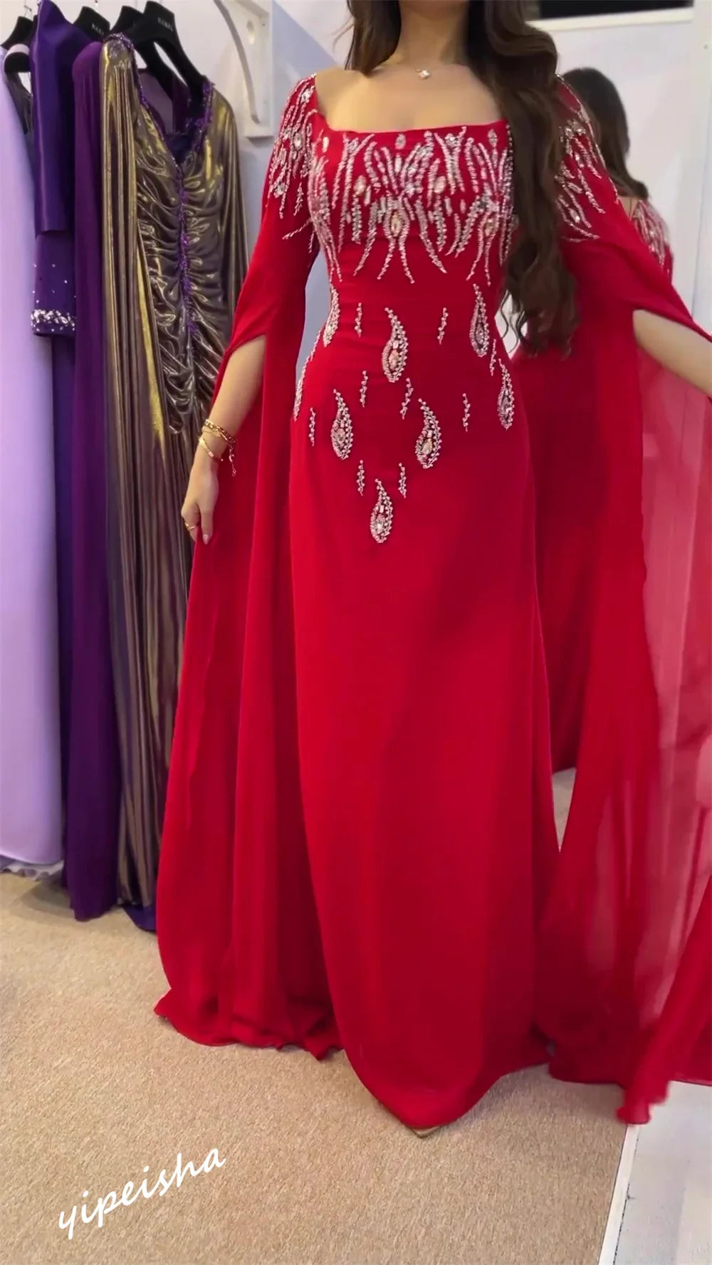 Yipeisha Sparkle Square A-line Floor Length Es Rhinestone Vertically Chiffon Customized Dresses Saudi Arabia