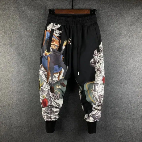 Fashion Men Harem Joggers Patchwork Elastic Drawstring Street Hip Hop Pants Printed Japanese Streetwear Harajuku