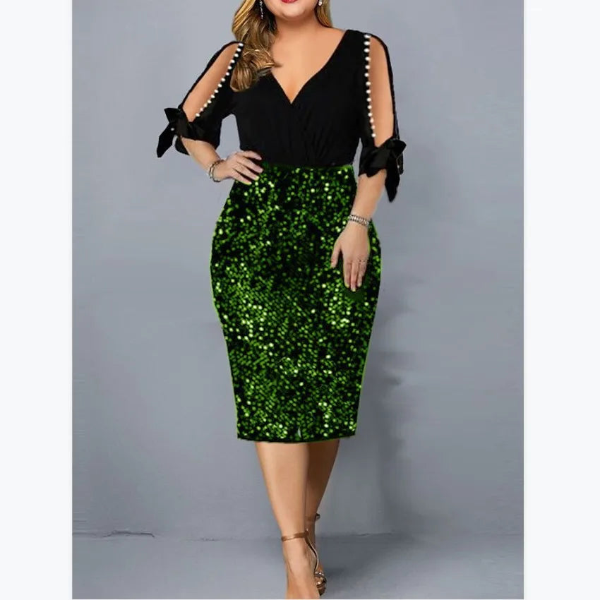 Big Size Clothing 2023 New Summer Loose Woman Slim Dress Sexy V Neck Personalized Sequin Design Plus Size Dress Party Vestidos