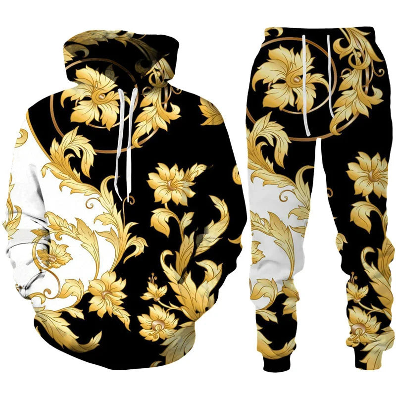 Spring Autumn  Golden Floral 3D Printed Hoodie/Tracksuit Casual Sweatshirt and Trousers Set Fashion Men Women Sports Suit