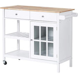 Rolling Kitchen Island Towel Rack Wine Shelf Portable Kitchen Cart Wood Top Kitchen Trolley With Drawers and Glass Door Cabinet