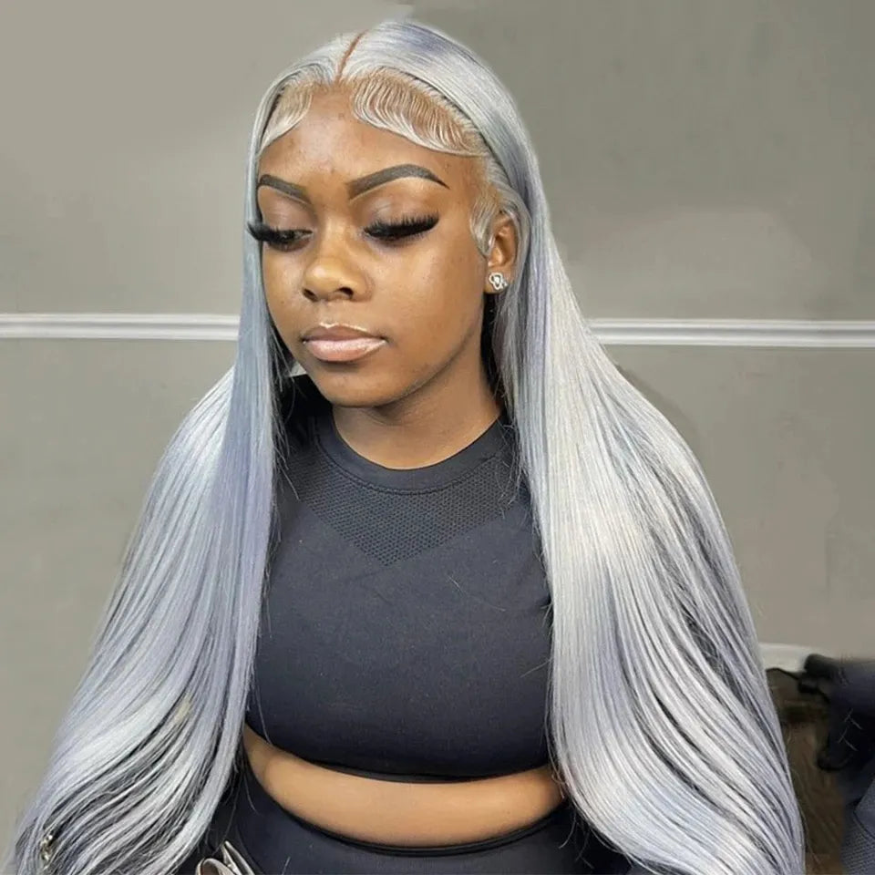 30 32Inch 13x4/13x6 Grey Straight Lace Frontal Human Hair Wig Preplucked Colored HD Transparent Lace Wigs For Women Bling Hair