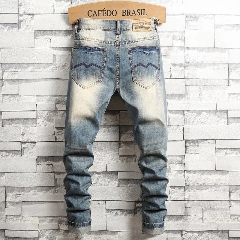 Distressed Ripped Jeans Men's Retro Blue Fashion Slim Motorcycle Trousers Male Hip-hop Street Male Hole Denim Pants